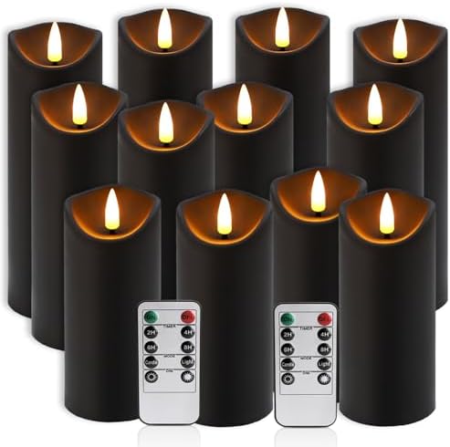YOROXRG 12 Pack Halloween Decoration Flickering Flameless Candles, Battery Operated LED Pillar Candles with Remote Control and Timer.for Home Decor (D2.2 xH 5" 6" 7" Black) by YOROXRG