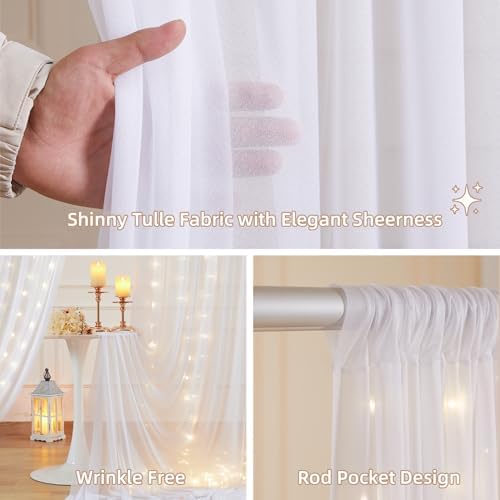 10x10FT White Wrinkle Free Backdrop Curtains with Lights String for Parties - Photo Curtain Backdrop with Lights for Wedding Decorations, Bridal Baby Shower Birthday Party Photography Background - Image 2