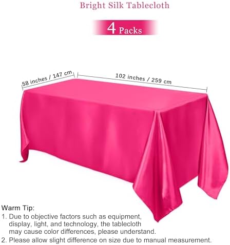 TURSTIN 4 Pack Hot Pink Satin Tablecloth 102 x 58 Inch Overlay Table Cover - Image 2