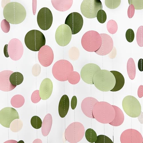 Sage Green and Dusty Pink Polka Dots Garlands Olive Green Dusty Rose Beige Hanging Paper Circle Dots Streamer for Girls Birthday Wedding Shower Engagement Bachelorette Party Decorations Supplies by pinkblume
