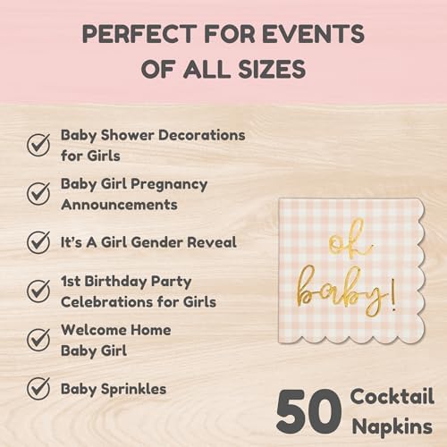 Cloverjoyed 'Oh Baby' Pink Baby Shower Decorations for Girls, Pink Plaid Oh Baby Napkins, Gingham Scalloped It's a Girl Decor, 1st Birthday, Welcome Home, Sprinkles, Pregnancy Announcement, 50 Pack - Image 5