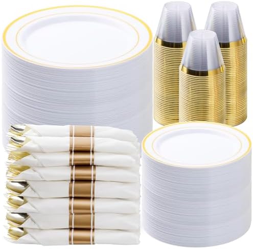 BESTVIP 525 Piece Gold Plastic Dinnerware Set for 75 Guests by Bestvip
