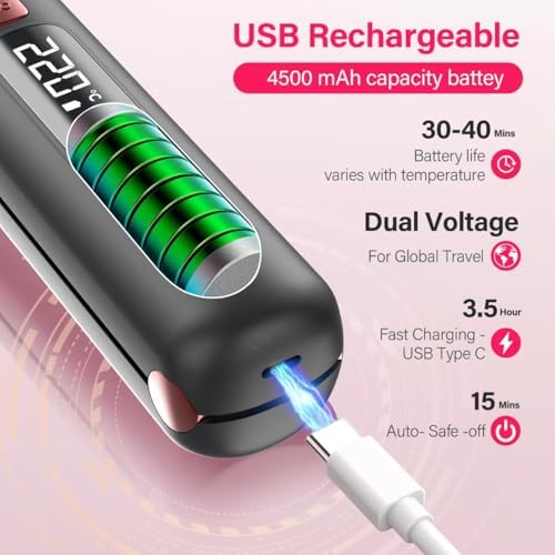 Cordless Hair Straightener and Curler 2 in 1, Mini, Lightweight and Small,USB Rechargeable with 4500mAh Battery, 10s Fast Heating, Portable Ceramic Flat Iron for Travel (Black) - Image 3