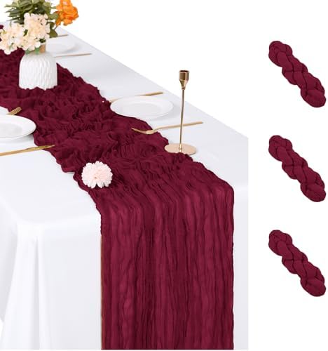 3 Pack Burgundy Cheesecloth Table Runner, 17 x 108 inch, Semi Sheer Boho Cheese Cloth Fabric Table Runner Bulk for Wedding, Birthday, Party, Holiday, Home Decor (Burgundy) by ACSUIT