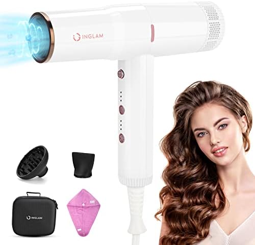 Hair Blow Dryer with Diffuser, IG INGLAM Professional High Speed Brushless Motor Negative Ion Low Noise Constant Temperature, 3 Heat Settings 3 Speeds and Cool Shot Brutton Powerful Ionic Hair Dryer by INGLAM