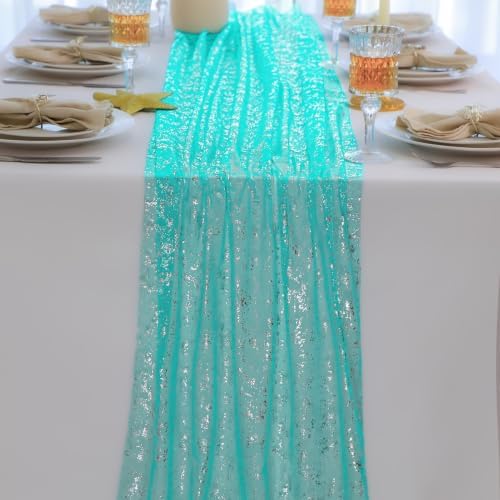 3Pcs Aqua Silver Table Runner 10Ft Metallic Foil Shimmer Sheer Gauze Decor by Snowkingdom