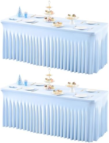 2 Packs Baby Blue Spandex Tableclothes for 6 Foot Rectangle Table, Spandex Table Covers 6FT Stretch Table Skirts Rectangle Wrinkle Free Fitted Tablecover for Event, Wedding, Banquet & Parties by Shillance