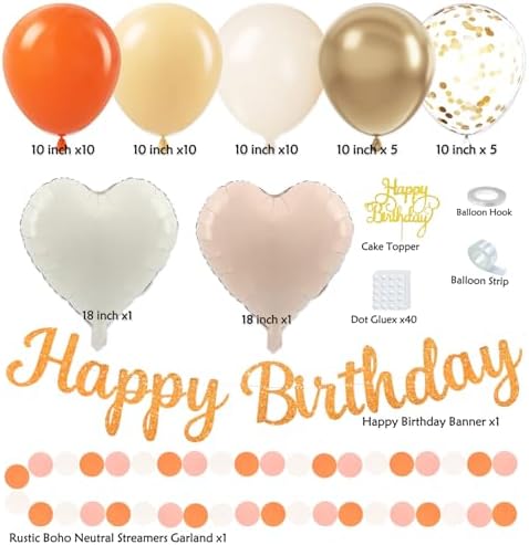 Orange-Peach Fall Boho Birthday Party Decorations - 62pcs Happy Birthday Banner, Beige Rustic Paper Lanterns, Streamers, Tissue Pom Poms, Burnt Orange Apricot Party Balloons, Fall Backdrop Decor - Image 4