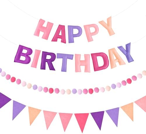 CANREVEL 3 PCS Pre-Strung 3D Happy Birthday Banner Decorations, Purple by CANREVEL