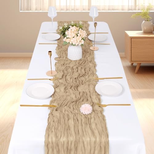 3 Pack Beige Cheesecloth Table Runner, 17 x 108 inch, Semi Sheer Boho Cheese Cloth Fabric Table Runner Bulk for Wedding, Birthday, Party, Holiday, Home Decor (Beige) - Image 2