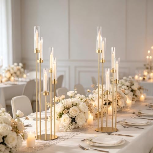 2PCS Gold 5 Arm Candle Holder Tall Floor Candelabra with Acrylic Lampshade - Image 2