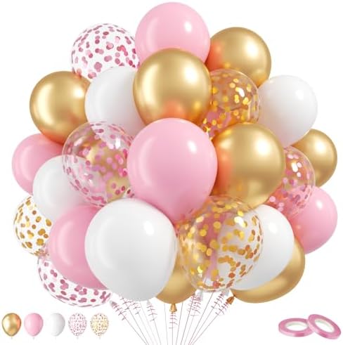 Balloons Pink Gold Confetti, 60 Packs 12 Inch Pink White Metallic Gold Balloon for Girls Birthday Wedding Bridal Baby Shower Princess Party Decorations by Togvu