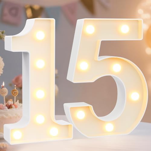 Pooqla Decorative LED Light Up Number Letters, White Plastic Marquee Lights Sign for Birthday Party Wedding Decor, Battery Operated (15) by Pooqla