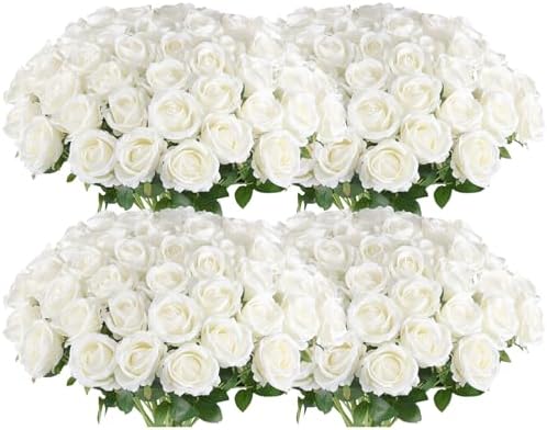 Hananona 100 Pcs Artificial Roses, Realistic Silk Flowers Bulk, White by HANANONA