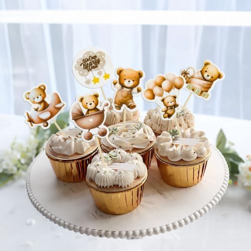 Gyufise 36Pcs Bear Cupcake Toppers Bear Cupcake Picks Baby Carriage Bottle Balloon We can Bearly Wait Cake Decorations for Baby Shower Gender Reveal Kids Birthday Party Supplies Coffee - Image 5
