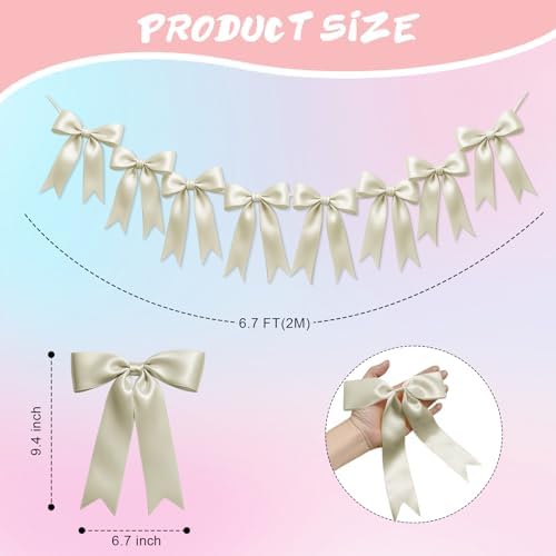 1 String of 8PCS Ivory White Bow Garland Banner Decoration,Pre-Strung Satin Ribbon Ornaments for Birthday,Bachelorette Party,Bridal Shower,Wedding,Engagement,Baby Shower,Graduation Decor,Anniversary - Image 2