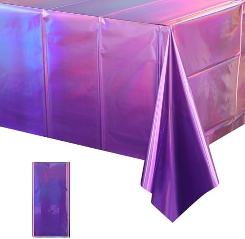1 Pack Ombre Iridescent Pink and Purple Plastic Tablecloths, Shiny Disposable Laser Rectangle Table Covers Holographic Foil Tablecloth Iridescent Kpop Birthday Bridal Party Decoration, 54x108 Inch by EnjoyYourFunnyParties