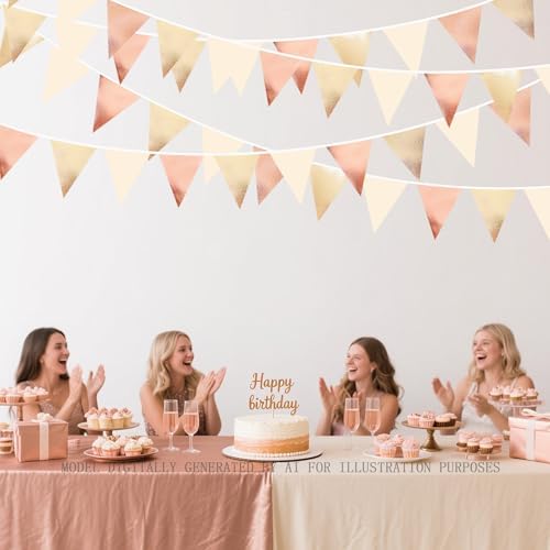Rose Gold Champagne Gold Beige Party Decorations Metallic Fabric Triangle Flag Pennant Banner Garland Bunting for Engagement Bridal Shower Wedding Birthday Baby Shower Graduation Decoration Supplies - Image 5