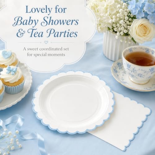 50 Pcs Blue and White Paper Plates and Napkins, 7 Inch Disposable Scalloped Plates & Napkins Party Supplies Cake Dessert Plate Tableware for Baby Shower Bridal Shower Wedding Birthday - Image 6
