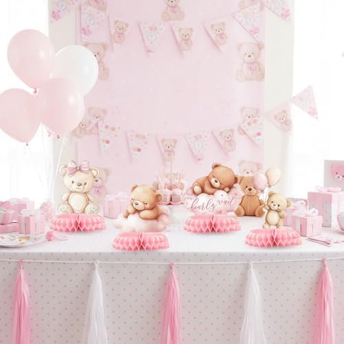 12 Pcs Pink Teddy Bear Baby Shower Decorations for Girl - We Can Bearly Wait Baby Shower Decorations - Pink Bear Balloon Centerpieces for Tables - Girl Baby Shower Honeycomb Table Decor 1st Birthday - Image 6