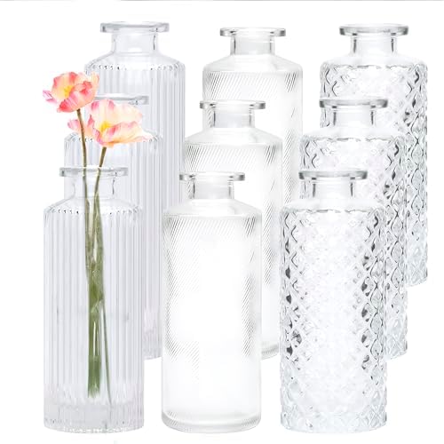 Glass Bud Vase Set in Bulk, 9pcs Mini Vintage Flower Vases for Wedding, Clear Relief Vase for Centerpieces,Home Table Flower Decor, Party Decorations by Brajttt