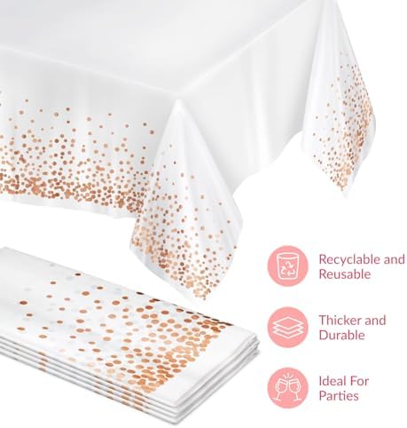 Prestee Rose Gold Plastic Table Cloth Disposable, 4 Pack - 54x108 Inch Rectangle Tablecloths for Wedding and Party - Heavy-Duty, Waterproof Table Covers - Pink and Gold, for Birthday or Fine Dining - Image 5