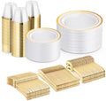 WELLIFE 450 PCS Gold Plastic Plates Set, Gold Dinnerware Set by WELLIFE
