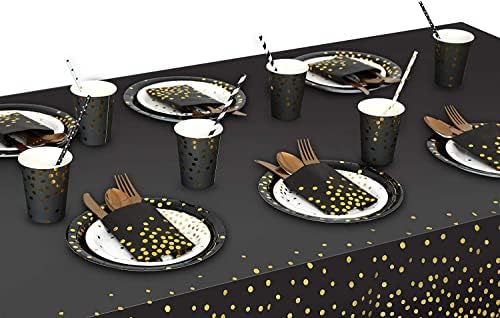Gexolenu 8 Pack Black and Gold Tablecloth for Rectangle Tables, Plastic Disposable Dot Confetti Party Table Covers for Birthday, Graduation, New Year Party, Anniversary, 54" x 108" - Image 6