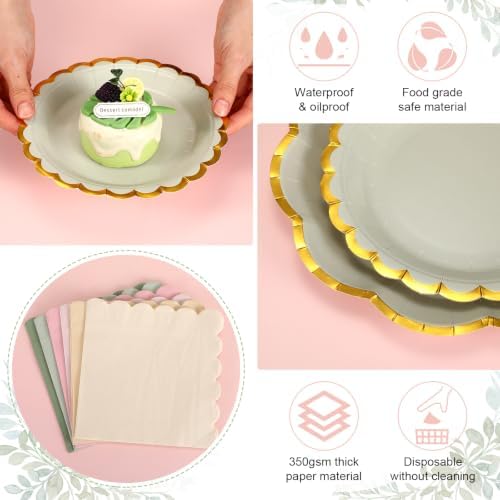 72 Pcs 24 Guests Sage Green and Pink Paper Plates and Napkin Party Supplies - Image 3