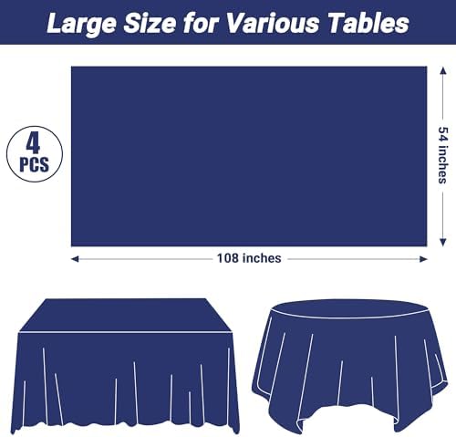 4 PCS Navy Plastic Tablecloths for Rectangle and Round Tables, 54" x 108" Stain Resistant Disposable Tablecloth for Picnic, Weddings, Baptism Decorations, Picnic Table Cover for Parties, Birthday​ - Image 2