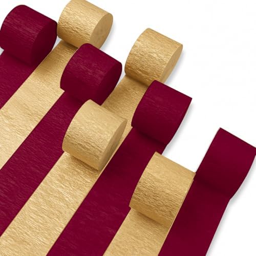 PartyWoo Gold and Burgundy Crepe Paper 8pcs 656 FT Maroon Streamers by PartyWoo