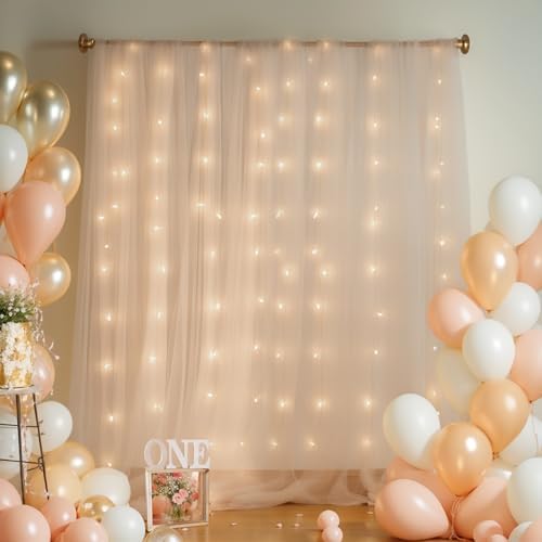 30x10ft Champagne Tulle Backdrop Curtain with Lights String for Parites, Sheer Backdrop Curtains for Wedding Baby Shower Birthday Party Photo Shoot Decorations - Image 2
