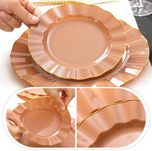 72PCS Mocha Mousse Plastic Plates, Wavy Plates with Gold Rim - Image 4