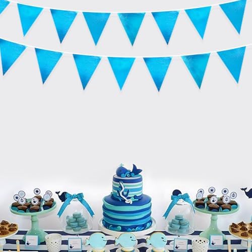 Sky Blue Party Decorations - Light Blue Triangle Pennant Banner Flag - Metallic Fabric Bunting for Graduation, Wedding, Retirement, Birthday, Under The Sea, Nautical, Ahoy, Party Decor Supplies - Image 5