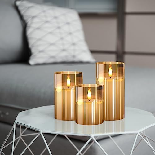 Tyawon Glass Battery Operated LED Flameless Candles with Remote and Timer, Real Wax Candles Warm Color Flickering Light for Festival Wedding Home Party Decor(Pack of 3)-Gold - Image 4
