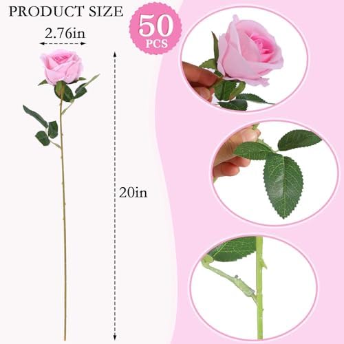 Hananona 50 Pcs Artificial Roses, Realistic Silk Pink Flowers Bulk - Image 2