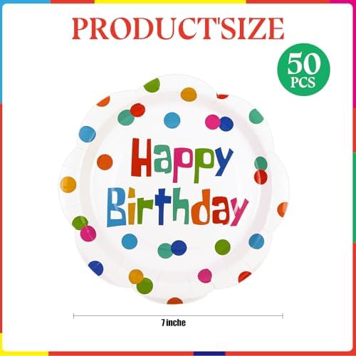 50 PCS Happy Birthday Paper Plates 7inch, Colorful Polka Dot Disposable Scalloped Cake Dessert Plates Party Supplies for Birthday Party Decorations - Image 2