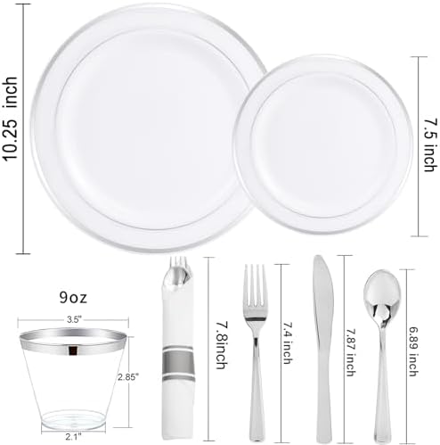 WELLIFE 700 Pcs Silver Plastic Plates for 100 Guests -Party Supplies Includes 200 Silver Plates,300 Plastic Silverware,100 Napkins,100 Cups for Party and Wedding - Image 2