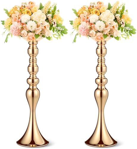 Sadnyy 2 Pcs Metal Flower Arrangements Stand Metal Wedding Centerpiece Stand Gold Vase Centerpiece Tall Table Decor Flower Vase for Wedding Reception Event Party Hotel Home Decor (16.9 Inch) by Sadnyy