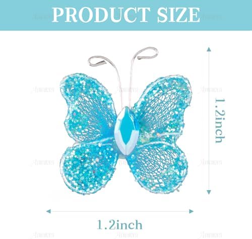 AUEAR, 50 Pack Sheer Mesh Wire Glitter Butterfly Decoration with Gem for Wedding Home Party Wall Decorations (Blue) - Image 2