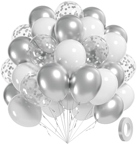 60pcs 12inch White and Silver Balloons with Confetti Balloons by Awenztech