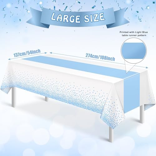 MASHAN 3Pcs White and Light Blue Tablecloth Party Decorations,Plastic White Table Cloth Printed Baby Blue Table Runner Disposable Rectangle Cover for Birthday Baby Shower Wedding Party,54 x108 Inch - Image 2