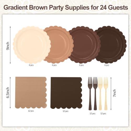 Brown Paper Plates Napkins and Forks Serves 24,9 Inch Neutral Brown Gradient Disposable Plates,Boho Earth Tone Tableware Set for Woodland Baby ShowerRustic Birthday,Wedding - Image 3