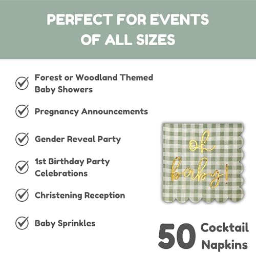 Cloverjoyed 'Oh Baby' Baby Shower Decorations, 50 Pack, Gold Oh Baby Napkins in Plaid Sage Green Pattern, Scalloped Edges, Sage Green Baby Shower Napkins, Neutral Gender Reveal Decorations - Image 2