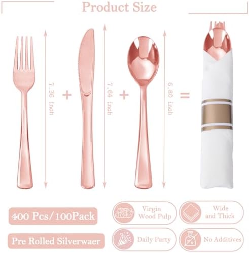 Supernal 100pack Pre Rolled Rose Gold Plastic Silverware with Napkins - Image 3