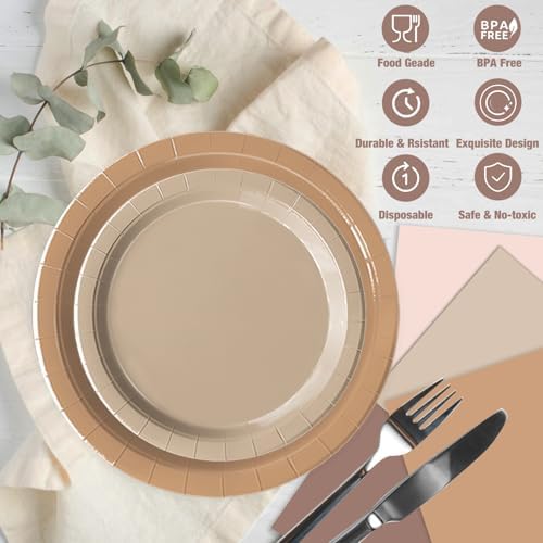 Oigco 60 PCS Brown Paper Plates Boho Baby Shower Decorations Gradient Brown Plates and Napkins for Birthday Wedding Boho Baby Shower Bridal Shower Party Supplies - Image 4