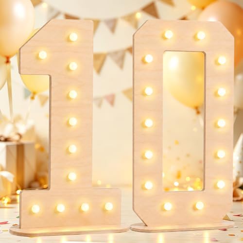 Pooqla 10th Birthday Decorations, 17.3 in Tall Wooden Light Up Numbers by Pooqla