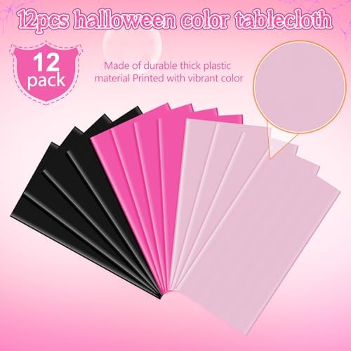 12 Pack Halloween Pink and Black Plastic Tablecloth for Round Tables, Pink Black Disposable Table Cover, Round Table Cloth for Girls Halloween Baby Shower Birthday Party Supplies Decorations - Image 3