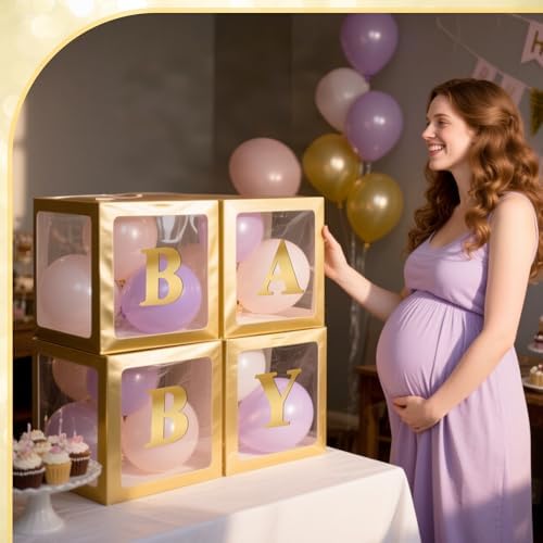 Ledido Baby Boxes with Letters for Baby Shower Decorations, 4 pcs Clear Balloon Boxes with Letters for Boys Girls Gender Reveal Decorations Birthday Wedding Backdrop Party (Gold) - Image 2