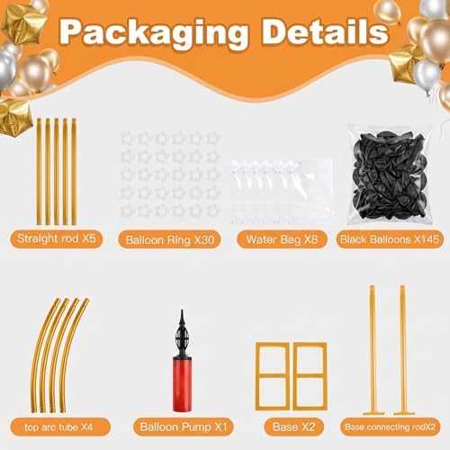 Balloon Arch Stand Kit Set with 145PCS Different Sizes Black Balloons – Metal Wedding Backdrop Frame with 8 Water Bags, Gold Semi-Open Arch for Birthday, Party Decorations Indoor Outdoor. - Image 2